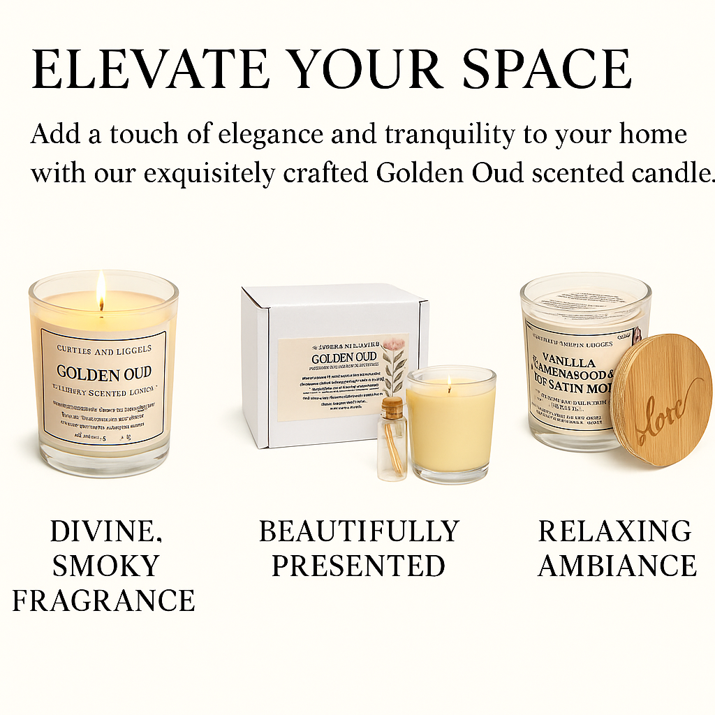 Golden Oud Candle – Vanilla, Sandalwood & Oud Satin Musk | Luxury Soy Wax Gift Candle