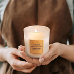 Personalised scented soy candle in white glass with bamboo lid and custom label