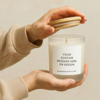 Personalised scented soy candle in white glass with bamboo lid and custom label