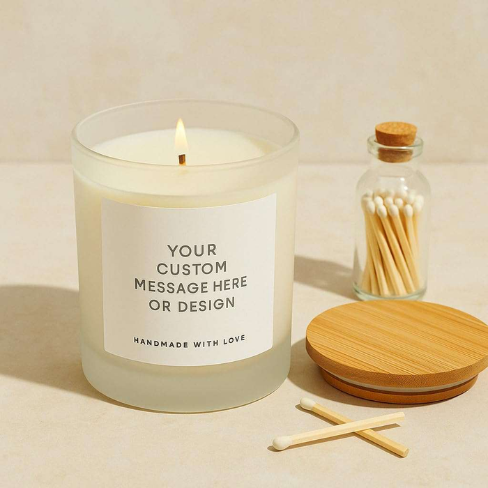 Personalised scented soy candle in white glass with bamboo lid and customisable label