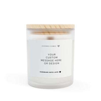 Personalised scented soy candle in white glass with bamboo lid and customisable label