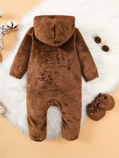 Cutties and Giggles Newborn Boys Girls Baby Fleece Hooded Teddy Bear Romper Bodysuit Warm Jumpsuit for 0-12 Months