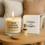 Personalised soy candle in glass jar with bamboo lid and custom message label