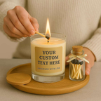 Personalised soy candle in glass jar with bamboo lid and custom message label