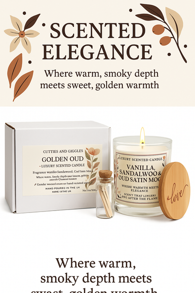 Golden Oud Candle – Vanilla, Sandalwood & Oud Satin Musk | Luxury Soy Wax Gift Candle