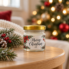 Personalised 50ml Mini Soy Wax Candles in a clear glass jar with gold lid and festive Christmas greenery label.