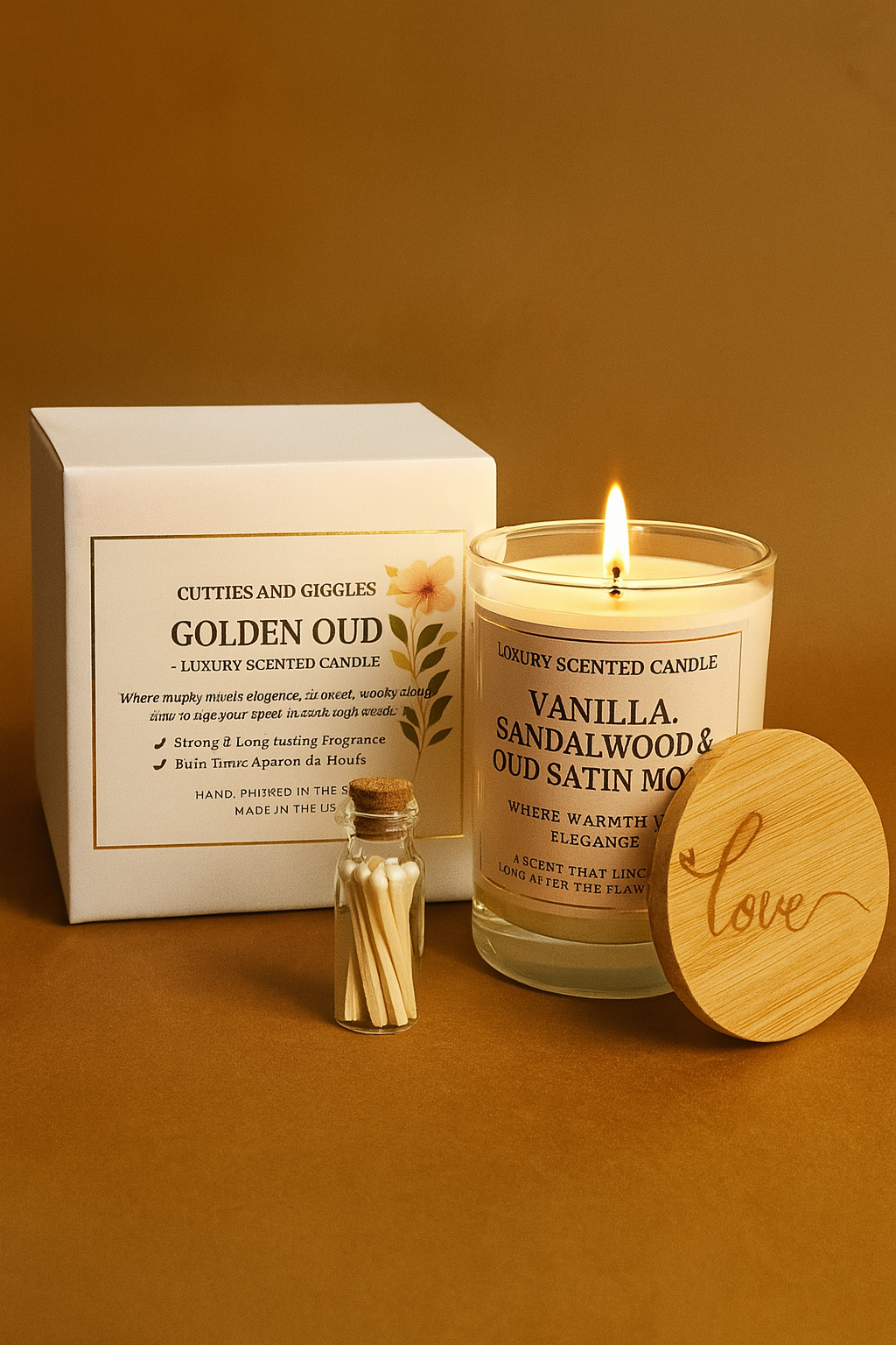 Candle with packaging, matches, and wooden lid on a warm brown background