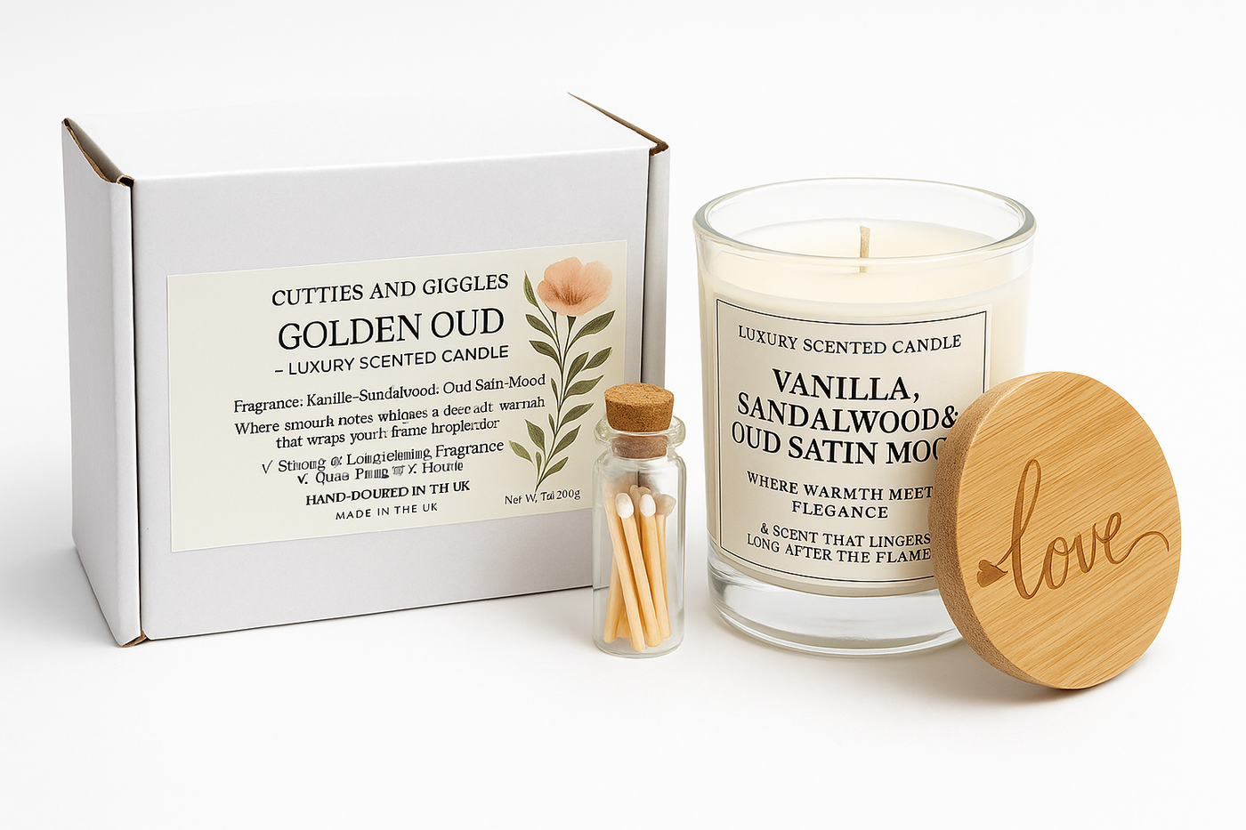 Candle with wooden lid, small bottle, and box on a white background