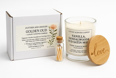 Candle with wooden lid, small bottle, and box on a white background