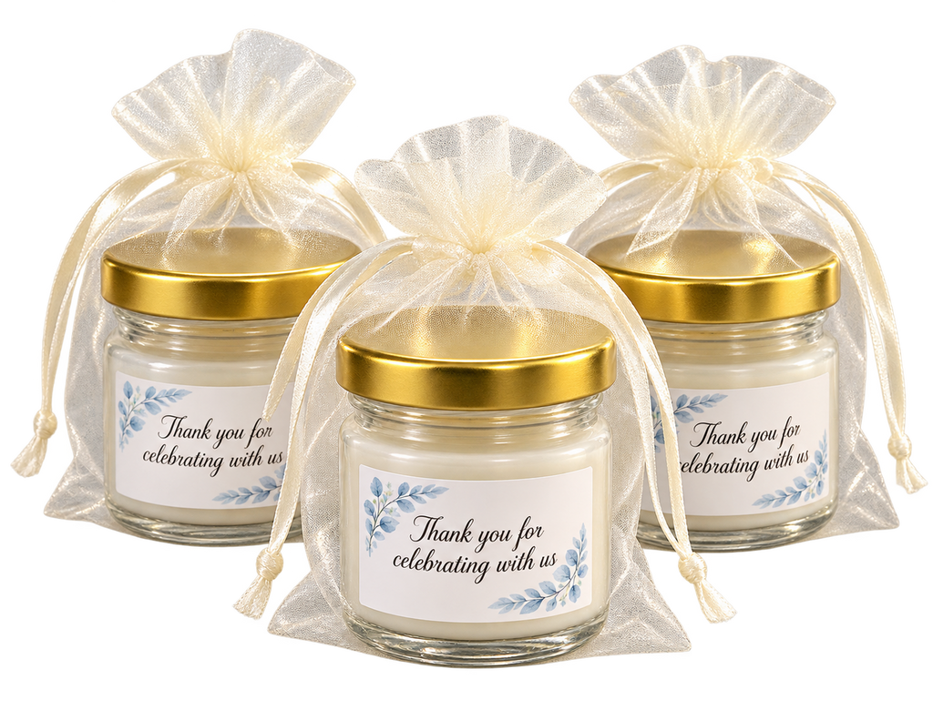 Personalised 50ml blue floral candle favours — body label group