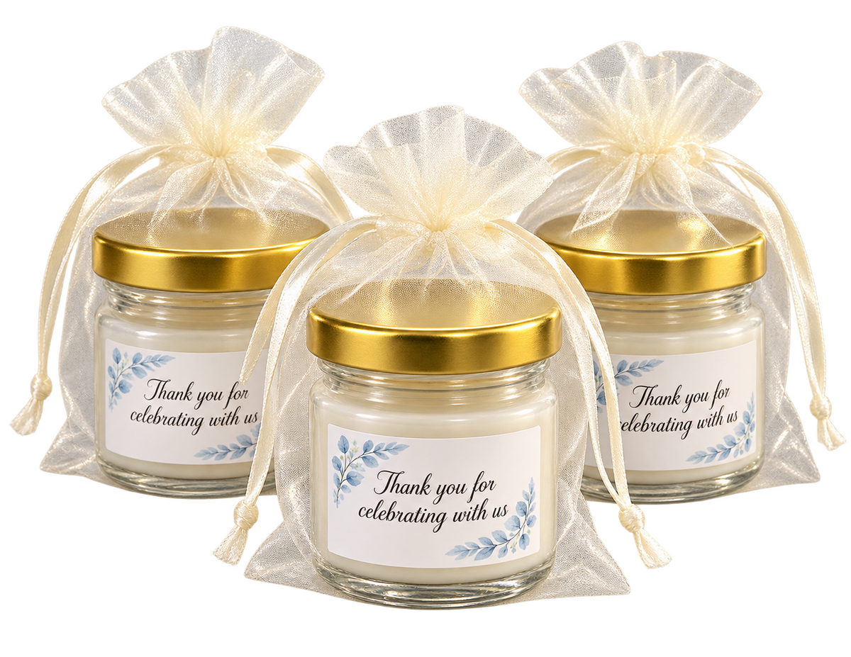 Personalised 50ml blue floral candle favours — body label group