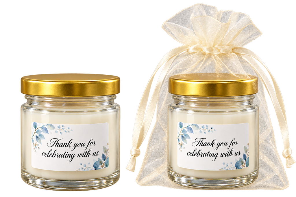 Personalised 50ml blue floral candle favours — body label pair