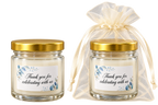 Personalised 50ml blue floral candle favours — body label pair