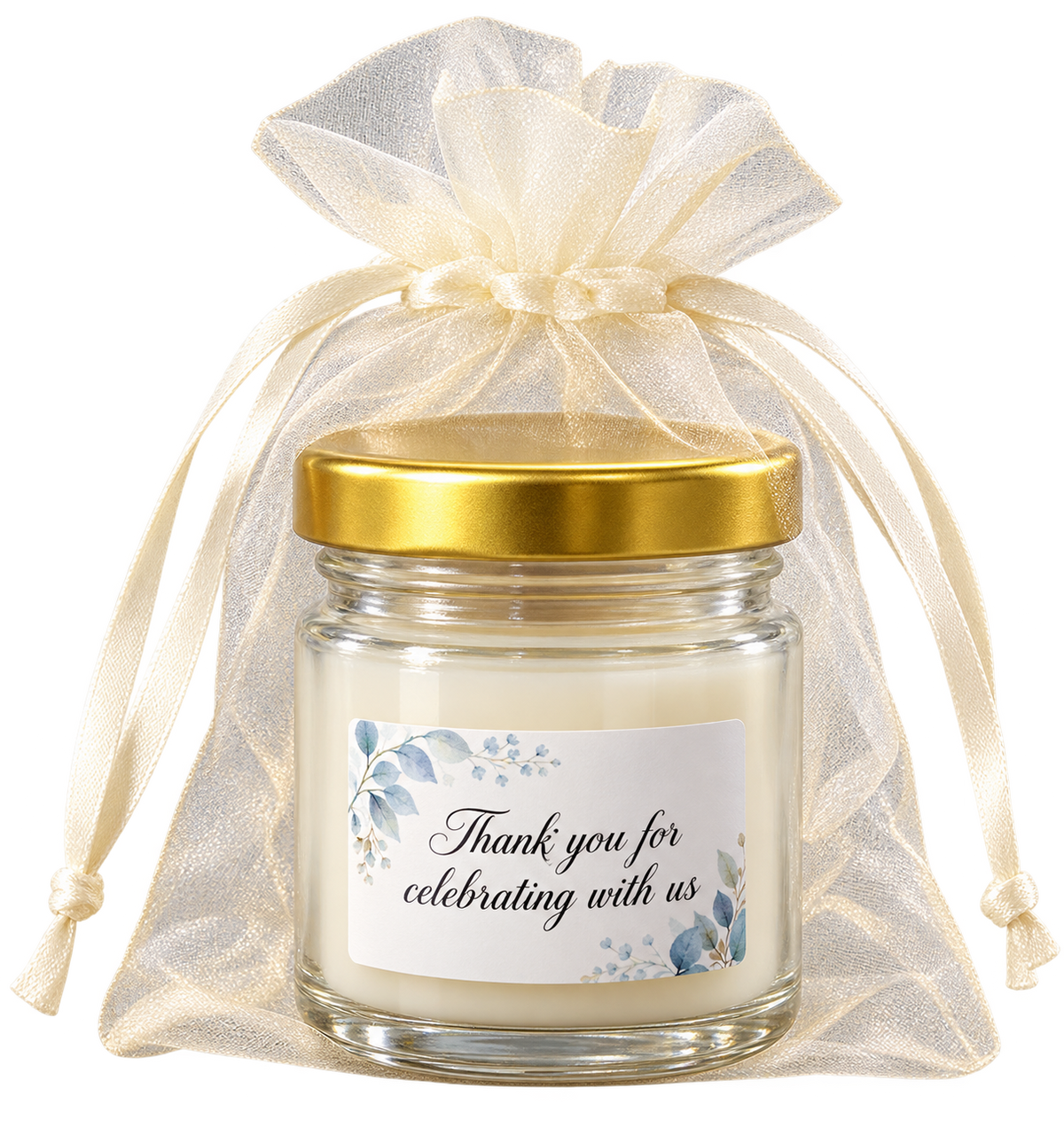 Personalised 50ml blue floral candle favours — body label single
