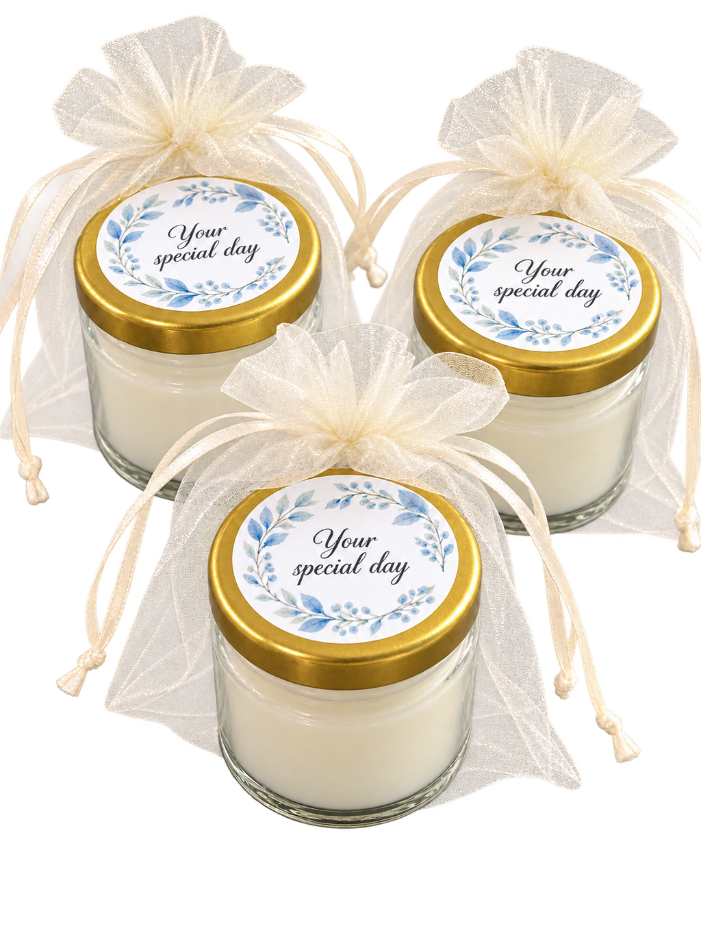 Personalised 50ml blue floral candle favours — lid label group