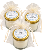 Personalised 50ml blue floral candle favours — lid label group