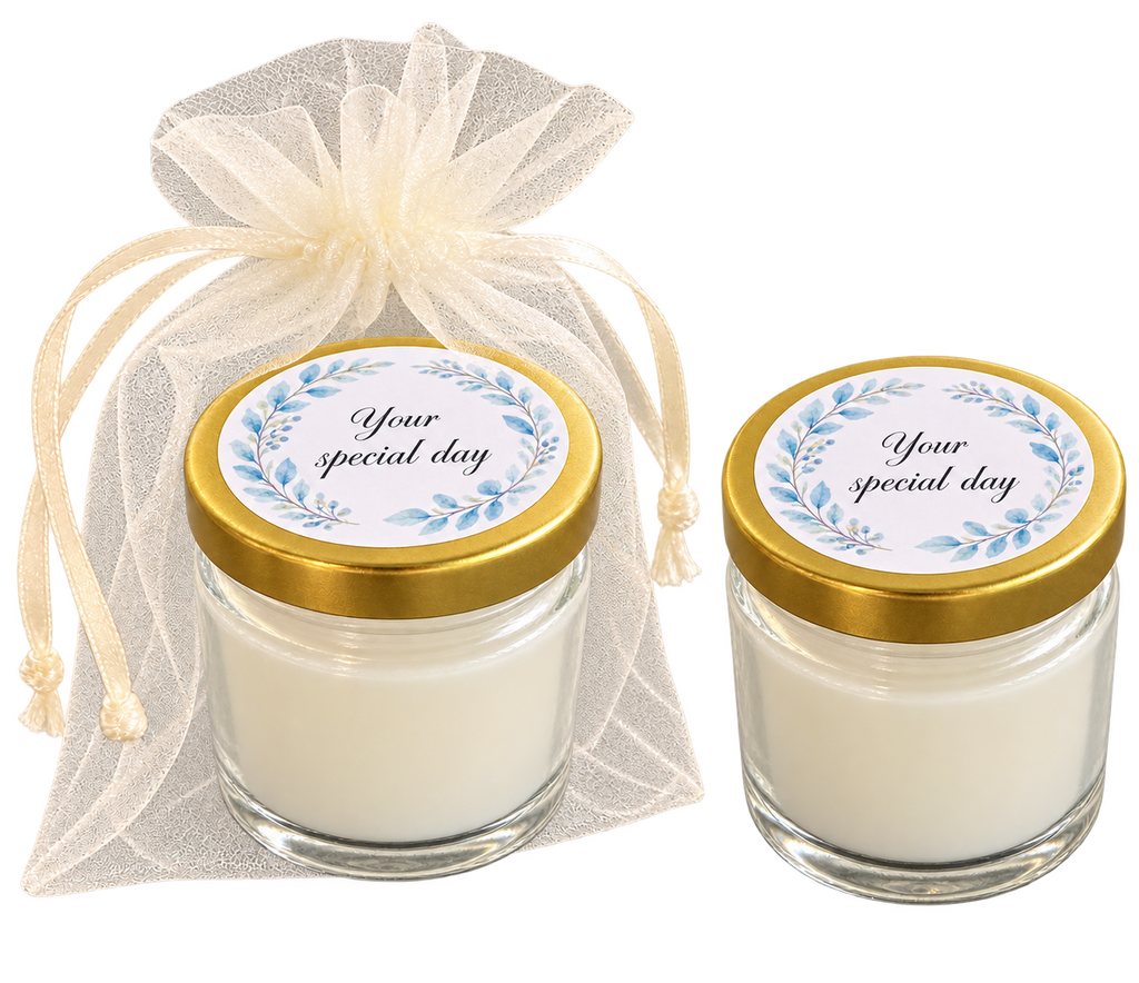 Personalised 50ml blue floral candle favours — lid label pair
