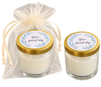 Personalised 50ml blue floral candle favours — lid label pair