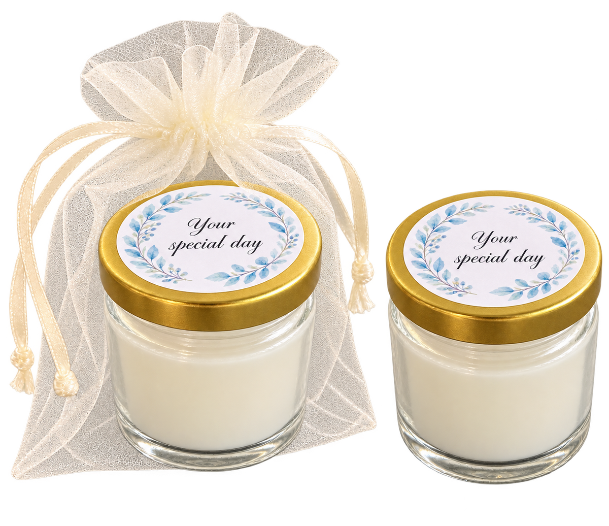 Personalised 50ml blue floral candle favours — lid label pair