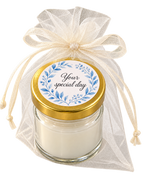 Personalised 50ml blue floral candle favours — lid label single