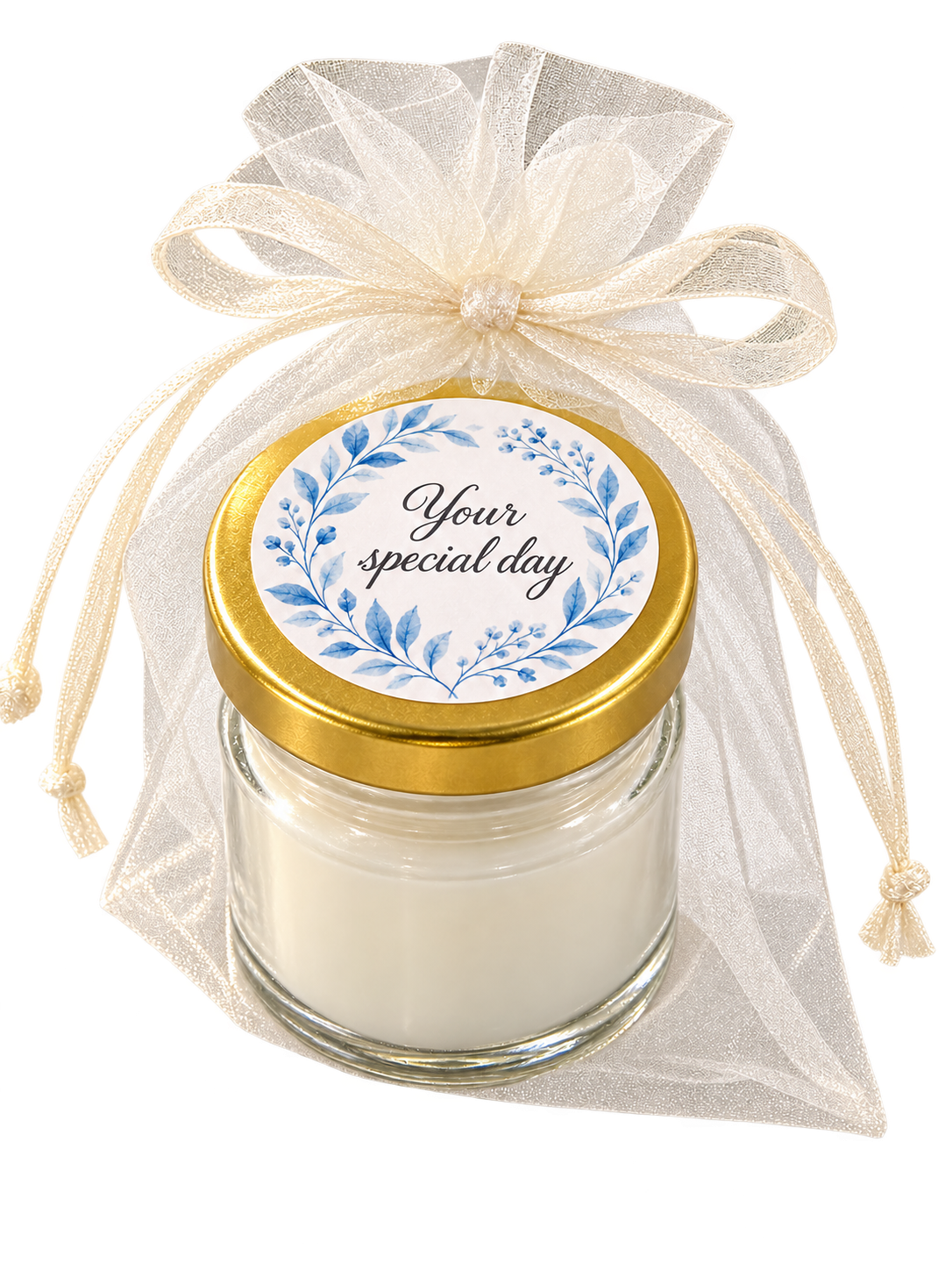 Personalised 50ml blue floral candle favours — lid label single
