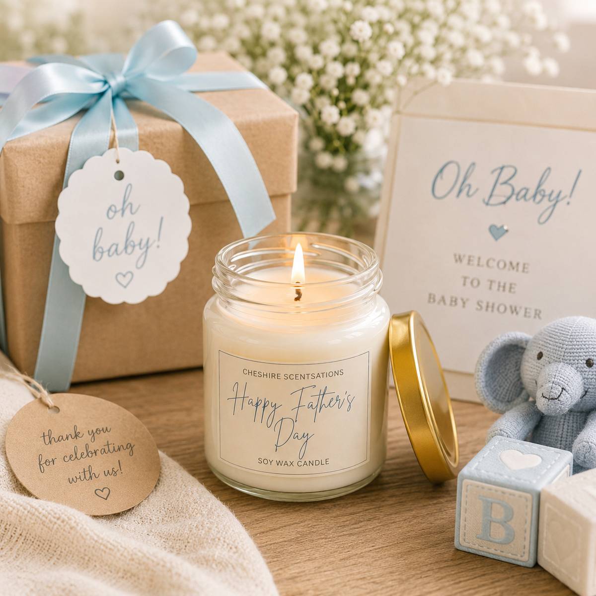 Personalised 50ml mini soy wax candles in clear glass jars with gold lids and custom labels for weddings and celebrations.