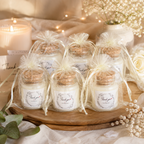 Mini Candle Party Favours, white soy wax in clear glass jars with cork lids and personalised labels in organza bags