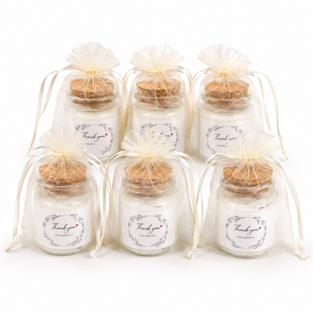 Mini candle party favours in organza bags